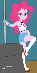 Size: 1039x2048 | Tagged: safe, artist:gibsterboy5, derpibooru import, pinkie pie, equestria girls 10th anniversary, equestria girls, boots, clothes, looking at you, outdoors, photoshop, pole dancing, shoes, shorts, simple background, sleeveless, solo, stripper pole