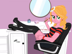 Size: 2048x1536 | Tagged: safe, artist:gibsterboy5, derpibooru import, human, equestria girls 10th anniversary, equestria girls, book, boots, chair, desk, female, flower, high heel boots, looking at you, pencil, shoes, solo, sunflower, sunflower (g4)