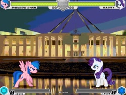 Size: 1080x810 | Tagged: safe, derpibooru import, firefly, rainbow dash, rarity, pegasus, pony, unicorn, fighting is magic, g1, bipedal, duo, fan game, female, looking at each other, looking at someone, mare, palette swap, place, recolor, stage