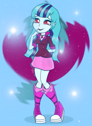 Size: 1921x2608 | Tagged: safe, artist:wojtek-ツ, derpibooru import, sonata dusk, human, equestria girls 10th anniversary, better together, equestria girls, rainbow rocks, anniversary, boots, breasts, cleavage, clothes, cutie mark background, eyeshadow, female, gem, happy, jewelry, legs together, lidded eyes, loose hair, makeup, open mouth, open smile, shoes, skirt, smiling, solo, sparkles