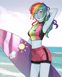 Size: 3200x4000 | Tagged: safe, artist:joe pekar, derpibooru import, part of a set, rainbow dash, human, equestria girls, equestria girls series, forgotten friendship, arm behind head, beach, breasts, clothes, female, geode of super speed, looking at you, magical geodes, midriff, multiple variants, ocean, reasonably sized breasts, smiling, smiling at you, solo, surfboard, swimsuit, water