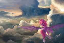 Size: 4500x3000 | Tagged: safe, artist:anastas, derpibooru import, oc, oc only, alicorn, bat pony, changeling, hybrid, original species, pegasus, pony, unicorn, bat wings, clothes, cloud, cloudscape, commission, crepuscular rays, detailed background, excited, excitement, eyelashes, female, flying, glasses, hoodie, large wings, mare, purple eyes, purple hair, purple tail, relaxed, relaxing, sky, socks, solo, spread wings, stockings, striped socks, tail, thigh highs, transparent, transparent wings, wings, ych result