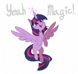 Size: 1000x952 | Tagged: safe, artist:inkypuso, derpibooru import, twilight sparkle, twilight sparkle (alicorn), alicorn, pony, blushing, cute, dialogue, eye clipping through hair, eyebrows, eyebrows visible through hair, female, flying, glowing, glowing horn, horn, mare, open mouth, open smile, simple background, smiling, solo, spread wings, twiabetes, white background, wings