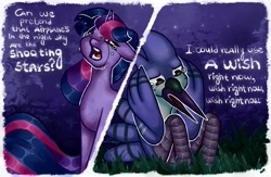 Size: 918x600 | Tagged: safe, artist:banananectarine, derpibooru import, twilight sparkle, anthro, bird, pony, aeroplanes and meteor showers, airplanes (song), ambiguous race, crossover, crossover shipping, crying, duo, female, male, mordecai, mordetwi, night, regular show, shipping, song reference, straight