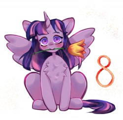 Size: 1280x1251 | Tagged: safe, artist:banananectarine, derpibooru import, twilight sparkle, twilight sparkle (alicorn), alicorn, pony, chest fluff, cute, female, flower, flower in mouth, mare, mouth hold, sitting, solo, spread wings, twiabetes, wings