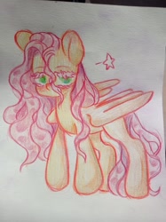 Size: 807x1080 | Tagged: safe, artist:banananectarine, derpibooru import, fluttershy, pegasus, pony, colored eyelashes, colored pencil drawing, solo, traditional art