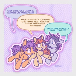 Size: 2380x2380 | Tagged: safe, artist:pastacrylic, derpibooru import, apple bloom, scootaloo, sweetie belle, earth pony, pegasus, pony, unicorn, cutie mark crusaders, dialogue, implied lesbian, implied murder, mood whiplash, one of these things is not like the others, speech bubble, trio