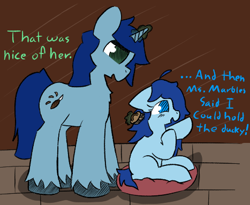 Size: 467x383 | Tagged: safe, artist:castafae, derpibooru import, oc, oc only, oc:babbling brook, earth pony, pony, unicorn, blushing, brushing, dialogue, duo, father and child, father and daughter, female, filly, foal, male, parent and child, sitting, stallion