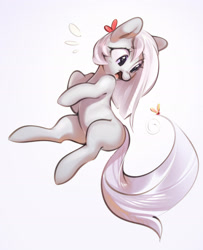 Size: 2030x2497 | Tagged: safe, artist:mirroredsea, derpibooru import, oc, oc only, earth pony, insect, pony, bow, cute, emanata, female, hair bow, high res, looking at something, looking back, mare, ocbetes, open mouth, open smile, simple background, smiling, solo, white background