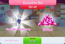 Size: 1267x859 | Tagged: safe, derpibooru import, idw, earth pony, pony, bundle, chief stablemaker, clothes, costs real money, english, facial hair, gameloft, gem, idw showified, male, mobile game, moustache, my little pony: magic princess, numbers, sale, shirt, solo, stallion, text