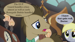 Size: 1280x720 | Tagged: safe, derpibooru import, edit, edited screencap, screencap, derpy hooves, doctor whooves, earth pony, pegasus, pony, slice of life (episode), doctor who, doctor whooves' lab, duo, male, speech bubble, stallion