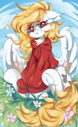 Size: 1262x2048 | Tagged: safe, artist:vanilla-chan, derpibooru import, oc, oc only, pegasus, pony, clothes, commission, flower, frog (hoof), grass, hoodie, looking at you, outdoors, pegasus oc, sitting, solo, sparkles, spread wings, underhoof, wings