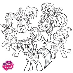 Size: 800x800 | Tagged: safe, derpibooru import, applejack, fluttershy, pinkie pie, rainbow dash, rarity, twilight sparkle, twilight sparkle (alicorn), alicorn, earth pony, pegasus, pony, unicorn, black and white, cardboard twilight, coloring page, female, flying, grayscale, mane six, mare, monochrome, my little pony logo, official, open mouth, rearing, simple background, stock vector, white background, wrong cutie mark