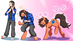 Size: 4388x2500 | Tagged: safe, artist:warlockmaru, derpibooru import, oc, oc:robertapuddin, earth pony, human, pony, blushing, butt, emanata, exclamation point, female, floating heart, heart, human to pony, interrobang, mare, open mouth, open smile, plot, question mark, smiling, species swap, sweat, sweatdrops, transformation, transgender
