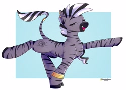 Size: 3480x2488 | Tagged: safe, artist:renderpoint, derpibooru import, oc, oc only, zebra, ear piercing, earring, eyes closed, jewelry, open mouth, open smile, piercing, pose, ring, smiling, solo, tail, tail ring, zebra oc