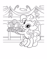 Size: 2480x3100 | Tagged: safe, derpibooru import, pinkie pie, earth pony, pony, banner, bipedal, black and white, carrying, coloring page, cookie, cupcake, eyes open, female, food, grayscale, hoof hold, licking, licking lips, mare, monochrome, official, solo, stock vector, tongue, tongue out