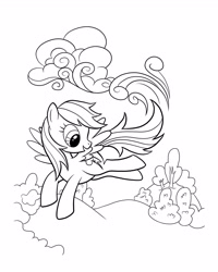 Size: 2480x3100 | Tagged: safe, derpibooru import, rainbow dash, pegasus, pony, black and white, cloud, coloring page, female, flying, grayscale, mare, monochrome, official, outdoors, solo, spread wings, stock vector, wings