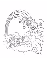 Size: 2480x3100 | Tagged: safe, derpibooru import, rainbow dash, pegasus, pony, black and white, cloud, coloring page, cute, dashabetes, female, flying, grayscale, mare, monochrome, official, outdoors, ponyville, rainbow trail, smiling, solo, sun