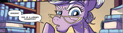 Size: 1585x423 | Tagged: safe, artist:tonyfleecs, derpibooru import, idw, earth pony, pony, from the shadows, spoiler:comic, spoiler:comic51, book, bookshelf, comic, cropped, elderly, female, glasses, librarian, library, mare, official comic, speech bubble, unnamed character, unnamed pony