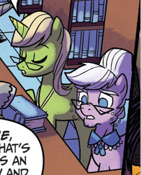 Size: 317x392 | Tagged: safe, artist:tonyfleecs, derpibooru import, idw, earth pony, pony, unicorn, from the shadows, spoiler:comic, spoiler:comic51, book, bookshelf, comic, cropped, elderly, female, glasses, librarian, library, mare, official comic, speech bubble, unnamed character, unnamed pony