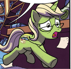 Size: 637x622 | Tagged: safe, artist:tonyfleecs, derpibooru import, idw, earth pony, pony, from the shadows, spoiler:comic, spoiler:comic52, book, bookshelf, comic, cropped, female, glasses, librarian, library, mare, official comic, unnamed character, unnamed pony