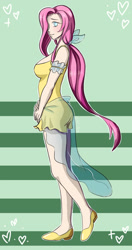 Size: 791x1500 | Tagged: safe, artist:erein, derpibooru import, fluttershy, human, alternate hairstyle, clothes, female, heart, heart eyes, humanized, looking at you, pale skin, ponytail, shoes, smiling, smiling at you, solo, striped background, wingding eyes