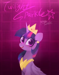 Size: 1620x2048 | Tagged: safe, artist:petaltwinkle, derpibooru import, twilight sparkle, twilight sparkle (alicorn), alicorn, pony, crown, ear piercing, earring, female, jewelry, looking at you, mare, name, open mouth, open smile, peytral, piercing, regalia, signature, smiling, smiling at you, solo