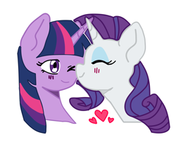 Size: 2048x1652 | Tagged: safe, artist:evelili, color edit, derpibooru import, edit, rarity, twilight sparkle, pony, unicorn, g4, blush lines, blushing, bust, colored, duo, female, heart, lesbian, mare, one eye closed, rarilight, shipping, simple background, smiling, white background, wink