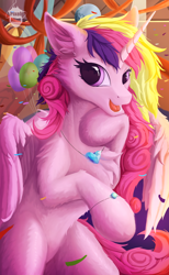 Size: 2204x3581 | Tagged: safe, artist:pixel mint, derpibooru import, princess cadance, alicorn, pony, balloon, bracelet, chest fluff, female, fluffy, jewelry, necklace, party, solo