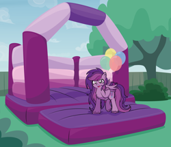 Size: 7560x6497 | Tagged: safe, artist:alexdti, derpibooru import, oc, oc only, oc:emilia starsong, pegasus, pony, absurd resolution, balloon, bouncy castle, chest fluff, female, happy, mare, open mouth, open smile, smiling, solo, tree, unshorn fetlocks, wave