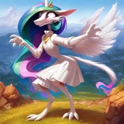 Size: 768x768 | Tagged: safe, ai content, derpibooru import, generator:pony diffusion v5, generator:stable diffusion, machine learning generated, princess celestia, anthro, big ears, big eyes, clothes, dress, ears, mountain, shocked, shocked expression, skirt, standing, yinglet