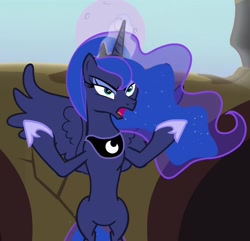 Size: 1121x1080 | Tagged: safe, derpibooru import, screencap, princess luna, alicorn, pony, belly, concave belly, cropped, ethereal mane, ethereal tail, eyelashes, female, flying, hoof shoes, long mane, luna is not amused, mare, moon, peytral, princess shoes, slim, spread wings, starry mane, starry tail, tail, thin, unamused, wings