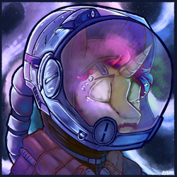 Size: 4000x4000 | Tagged: safe, artist:avery-valentine, derpibooru import, oc, unicorn, beard, clothes, crying, eyes closed, facial hair, helmet, horn, red hair, simple background, solo, space, spacesuit, suit