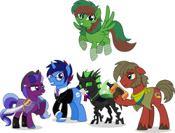 Size: 8000x6104 | Tagged: safe, artist:n0kkun, derpibooru import, oc, oc:black kraken pearl, oc:boop the changeling, oc:disco hooch, oc:marquis majordome, oc:windy barebow evergreen, earth pony, pegasus, unicorn, alcohol, bandage, clothes, drink, earth pony oc, flying, group photo, horn, pegasus oc, simple background, smiling, transparent background, unicorn oc, weapon, whiskey