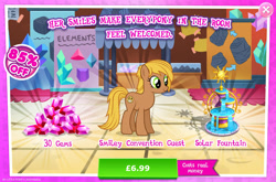 Size: 1964x1298 | Tagged: safe, derpibooru import, idw, earth pony, pony, advertisement, costs real money, english, female, fountain, gameloft, gem, idw showified, mare, mobile game, my little pony: magic princess, numbers, official, sale, solo, text, unnamed character, unnamed pony