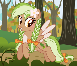 Size: 1261x1080 | Tagged: safe, artist:cstrawberrymilk, derpibooru import, oc, oc only, oc:sylvia evergreen, pegasus, pony, braid, braided pigtails, colored wings, female, mare, pigtails, solo, tree, two toned wings, wings