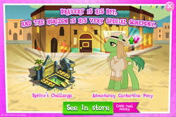 Size: 1964x1304 | Tagged: safe, derpibooru import, idw, earth pony, pony, advertisement, clothes, costs real money, english, gameloft, gem, hat, idw showified, male, mobile game, my little pony: magic princess, numbers, official, sale, shirt, solo, stallion, text, unnamed character, unnamed pony