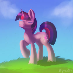 Size: 3000x3000 | Tagged: safe, artist:pegasusyay, derpibooru import, twilight sparkle, unicorn twilight, pony, unicorn, eyes closed, grass, grass field, nose in the air, smiling, solo