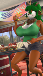 Size: 2160x3840 | Tagged: safe, artist:donglysfm, derpibooru import, oc, oc:tea tree, anthro, deer, 3d, antlers, belly, big breasts, bloated, breasts, bucktooth, burger, deer oc, diner, female, food, high res, indoors, milf, neck fluff, non-pony oc, revamped anthros, solo, source filmmaker, stuffing, this will end in pain