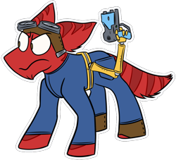 Size: 1100x1000 | Tagged: safe, artist:grandfinaleart, derpibooru import, oc, oc only, alien, alien pony, original species, alternate universe, angry, brown eyes, clothes, digital art, facial hair, goatee, goggles, goggles on head, jumpsuit, laser pistol, male, red fur, robotic arm, scowl, simple background, solo, stripes, transparent background, weapon