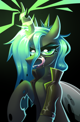 Size: 1300x2000 | Tagged: safe, artist:rtootb, derpibooru import, queen chrysalis, changeling, changeling queen, pony, g4, clothes, digital art, drool, event, evil, evil grin, female, green eyes, grin, horn, jacket, leather, leather jacket, looking at you, magic, makeup, mare, open mouth, shading, smiling, teeth, tongue, tongue out, wings