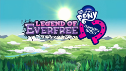 Size: 1333x750 | Tagged: safe, derpibooru import, screencap, equestria girls, legend of everfree, blue sky, cloud, forest, logo, mountain, overhead view, road, scenery, sky, sun, title, title card, tree