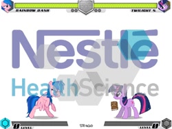 Size: 1080x810 | Tagged: safe, derpibooru import, firefly, rainbow dash, twilight sparkle, unicorn twilight, pegasus, pony, unicorn, fighting is magic, g1, bipedal, book, duo, fan game, female, game, mare, molecule, nestlé, new stage, palette swap, recolor, simple background, white background
