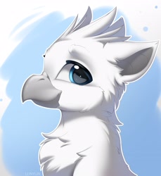 Size: 3330x3642 | Tagged: safe, artist:lunylin, derpibooru import, oc, oc only, griffon, beak, bust, chest fluff, griffon oc, looking at you, neck fluff, side view, simple background, smiling, solo