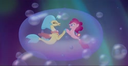 Size: 1141x595 | Tagged: safe, derpibooru import, screencap, pinkie pie, princess skystar, seapony (g4), my little pony: the movie, aquastria, bubble, cute, duo, duo female, eyes closed, female, in bubble, mare, one small thing, open mouth, open smile, seaponified, seapony pinkie pie, smiling, species swap, underwater, water