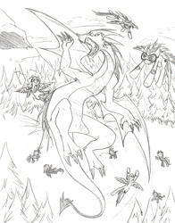 Size: 1175x1500 | Tagged: safe, artist:askcometchaser, derpibooru import, dragon, pony, flying, monochrome