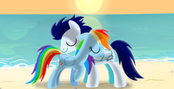 Size: 1980x1020 | Tagged: safe, artist:mlplary6, derpibooru import, rainbow dash, soarin', pegasus, pony, beach, boyfriend and girlfriend, eyes closed, female, love, male, mare, shipping, smiling, soarindash, stallion, straight, sun, sunset