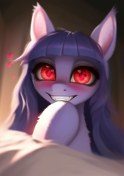 Size: 512x728 | Tagged: safe, ai content, derpibooru import, generator:pony diffusion v5, generator:stable diffusion, machine learning generated, oc, oc only, bat pony, pony, bat ponified, bat pony oc, creepy, female, grin, heart, laughing, looking at you, mare, pointing at self, race swap, red eyes, smiling, smiling at you, solo, unnamed oc, yandere