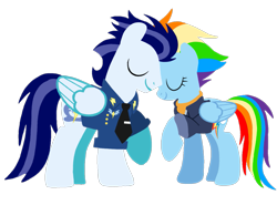 Size: 1279x945 | Tagged: safe, artist:mlplary6, derpibooru import, rainbow dash, soarin', pegasus, pony, the last problem, bomber jacket, clothes, eyes closed, female, husband and wife, jacket, jumper, male, mare, married couple, necktie, older, older rainbow dash, older soarin', older soarindash, shipping, shirt, simple background, soarindash, stallion, straight, transparent background, vector