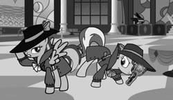 Size: 1316x762 | Tagged: safe, artist:mlpfan3991, derpibooru import, sunset shimmer, oc, oc:flare spark, pegasus, pony, unicorn, aura, canterlot, clothes, detective, fedora, female, hat, magnifying glass, mare, noir, trenchcoat